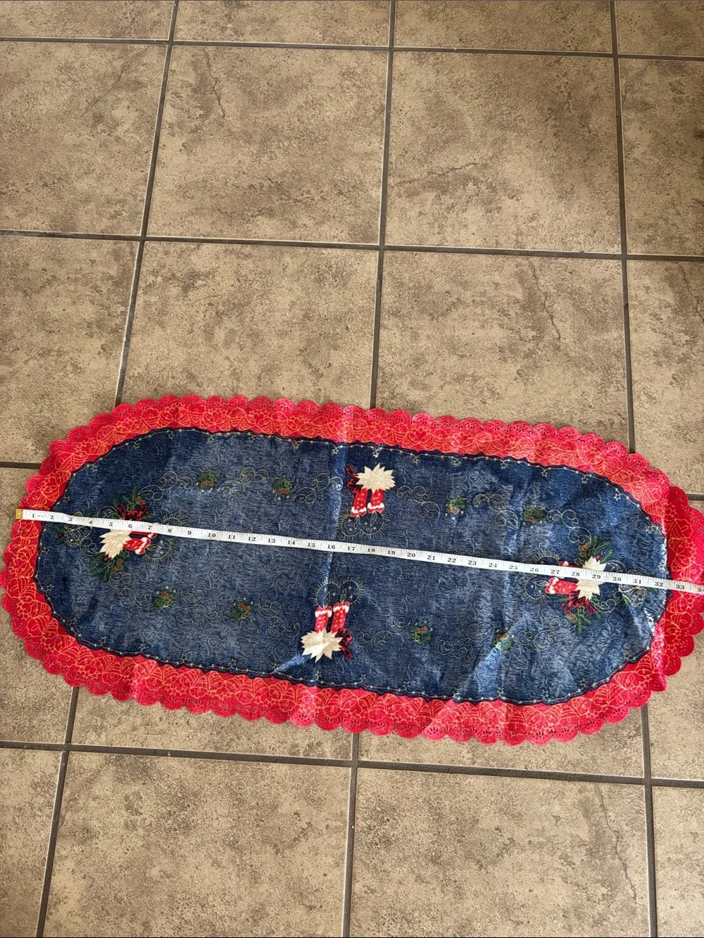 Festive Navy and Red Embroidered Holiday Table Runner